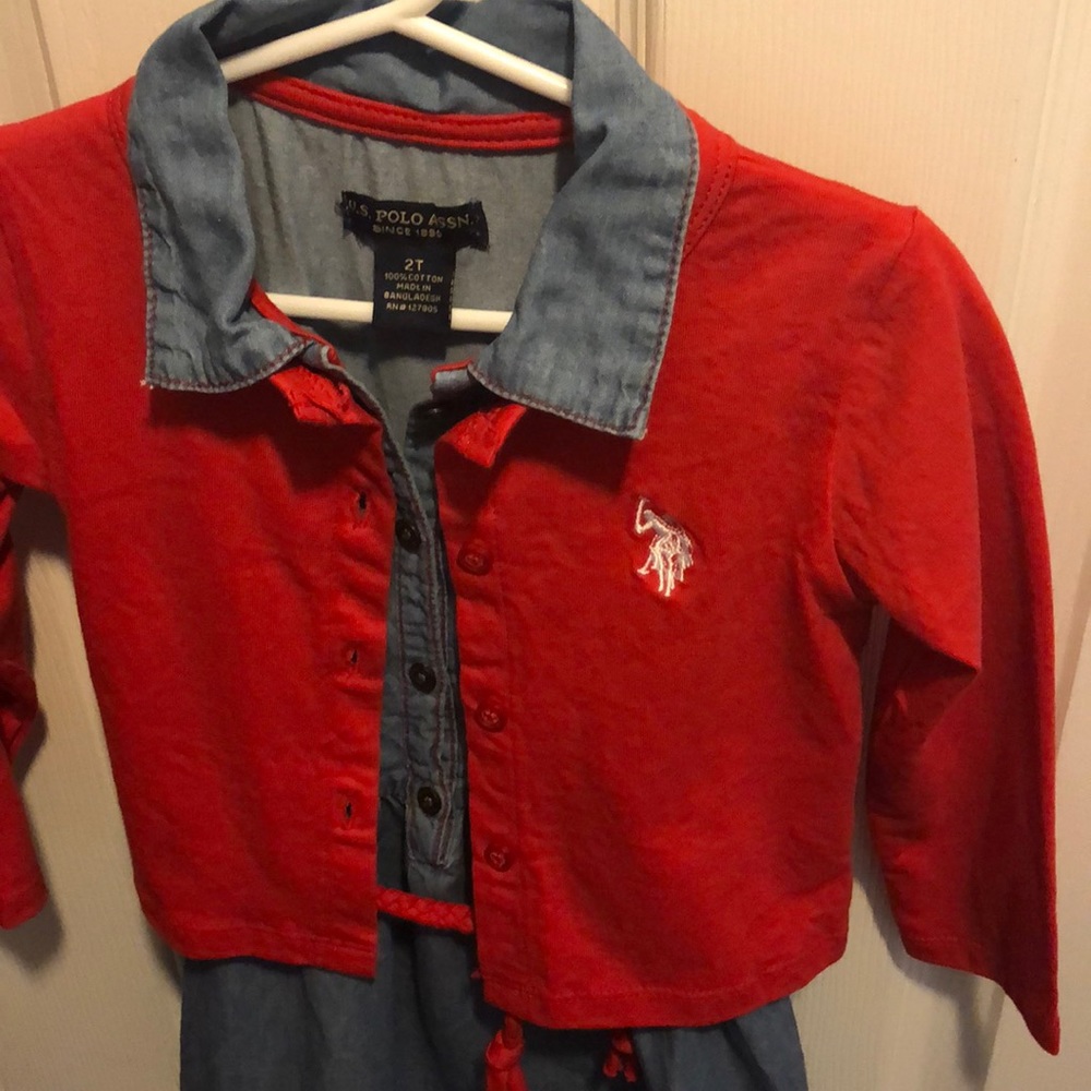 US Polo Association 2 Pc Jean Dress & Red Cardigan